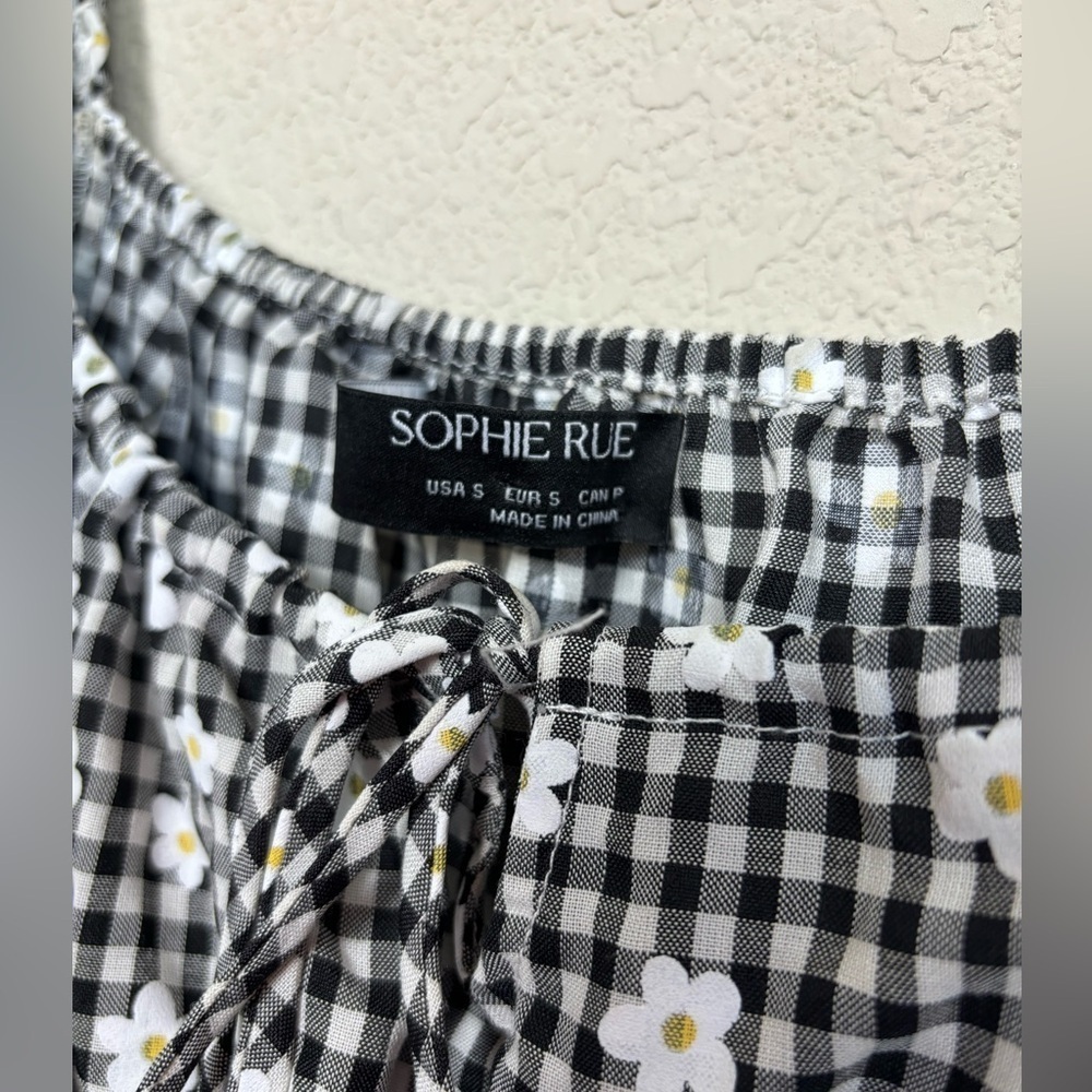 Sophie Rue Puff Sleeve Smocked Waist 90s Gingham Daisy Print Midi Dress S - Picture 3 of 9